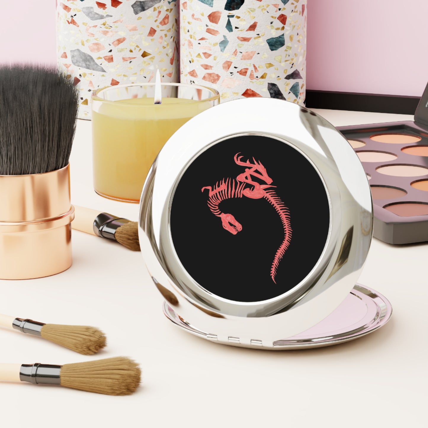 Pink Dinosaur Fossil Black Compact Travel Mirror | Wildlife Pocket Mirror