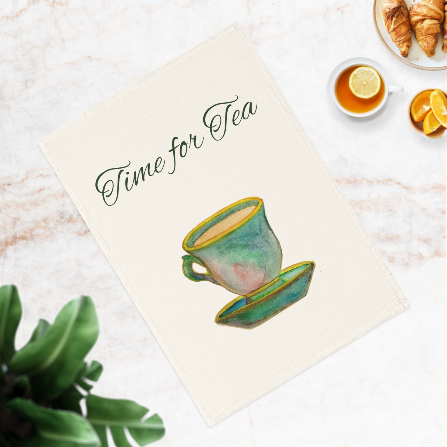 Time for Tea Cotton Tea Towel — Watercolor Teacup Kitchen Towel
