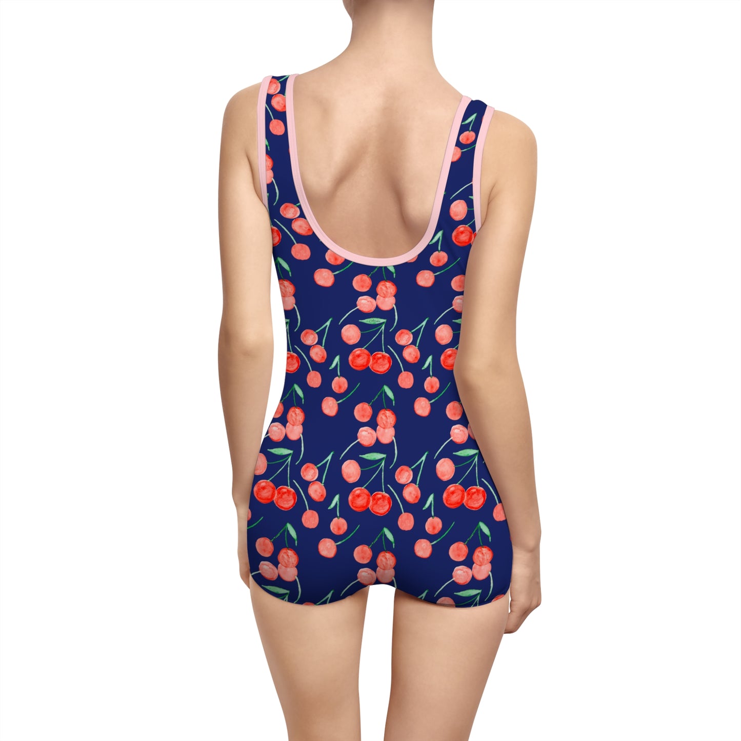 Navy Cherry One-Piece Swimsuit — Vintage Boyshort Swimwear