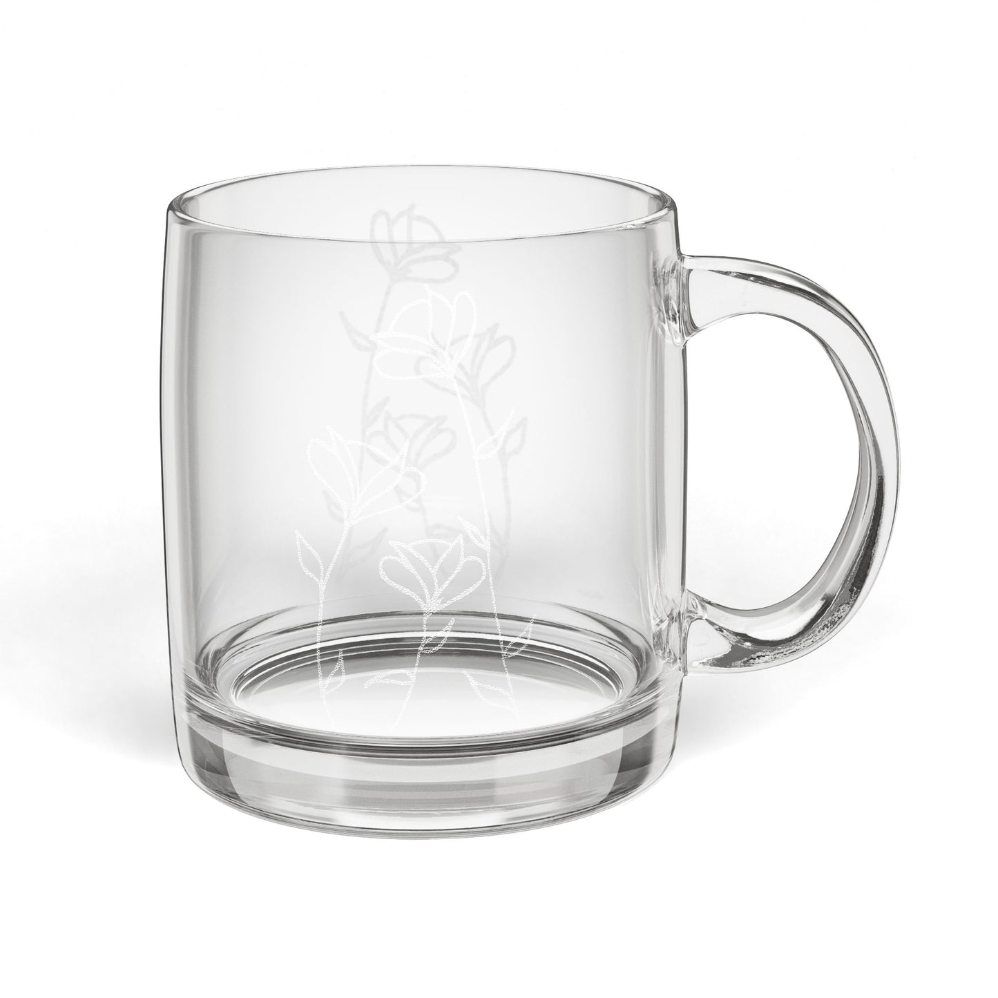 Engraved Floral Glass Coffee Mug — 12.25oz Clear Tea Cup Gift