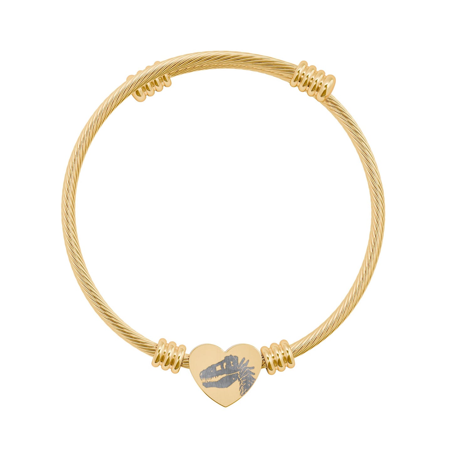 T-Rex Fossil Heart Cuff Bracelet — Engraved Dinosaur Stainless Steel Bangle