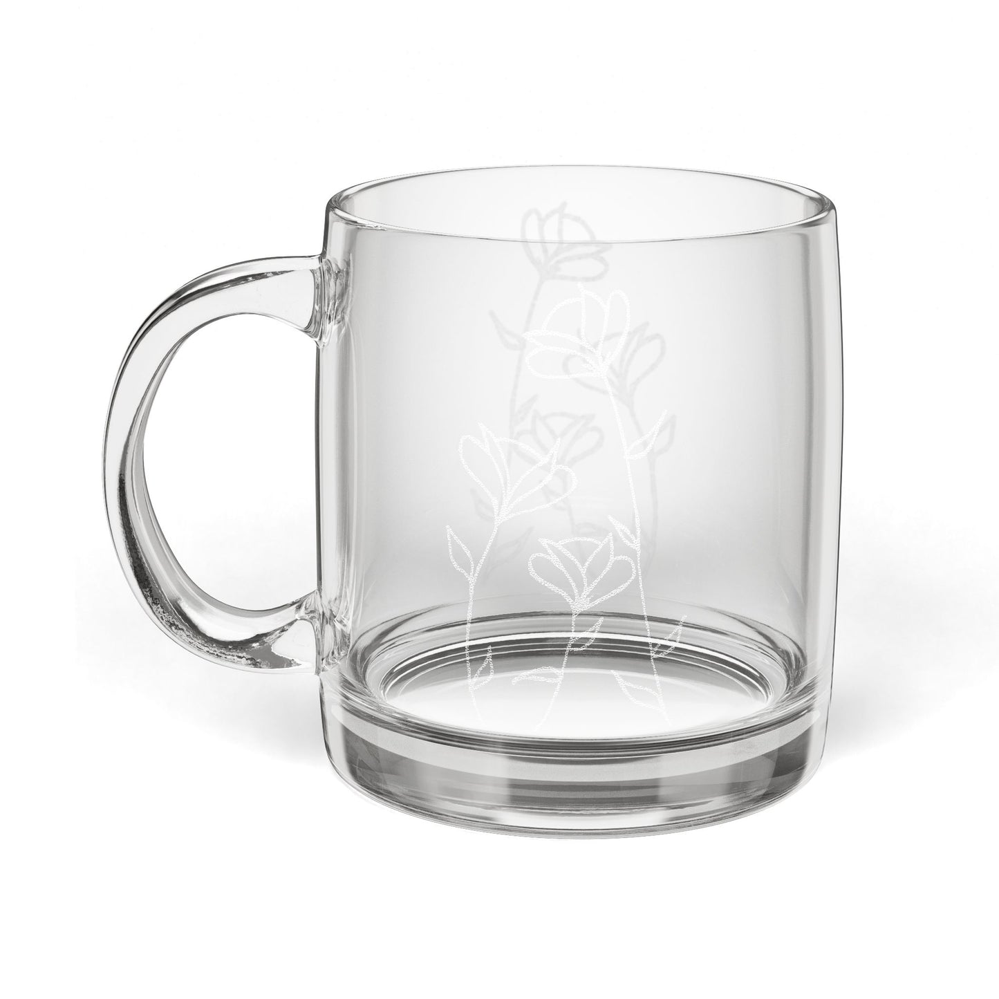 Engraved Floral Glass Coffee Mug — 12.25oz Clear Tea Cup Gift