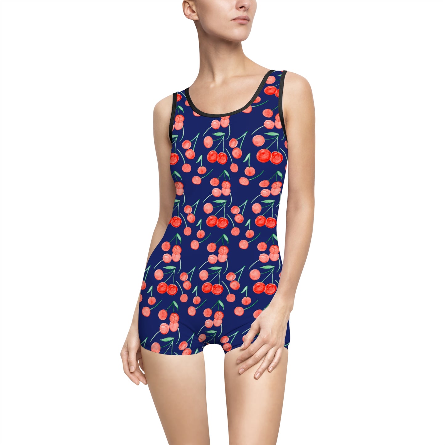 Navy Cherry One-Piece Swimsuit — Vintage Boyshort Swimwear