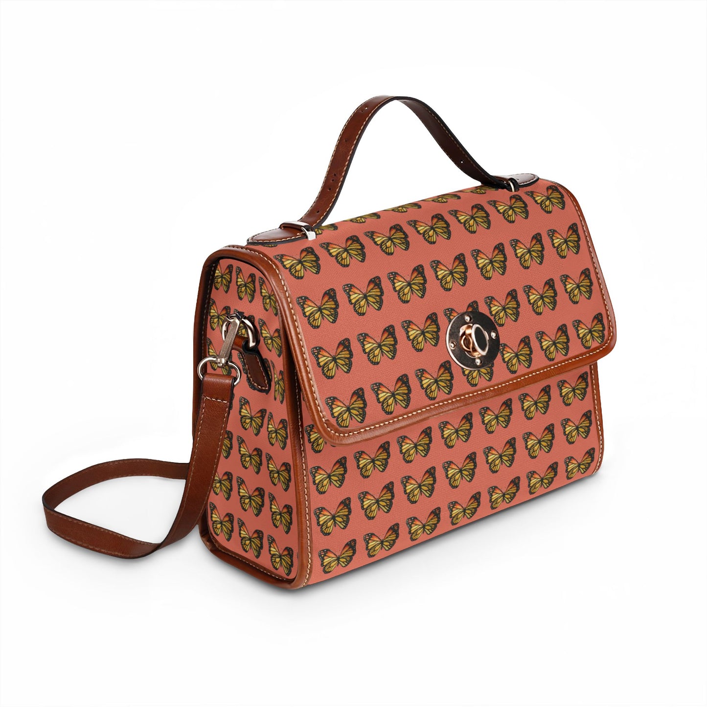 Butterfly Pattern Canvas Tote — Retro Coral Waterproof Bag