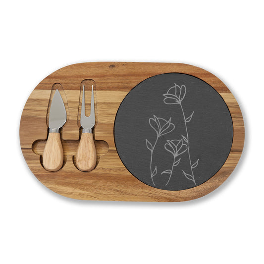 Engraved Acacia Cheese & Charcuterie Board with Slate Inlay — Floral Design