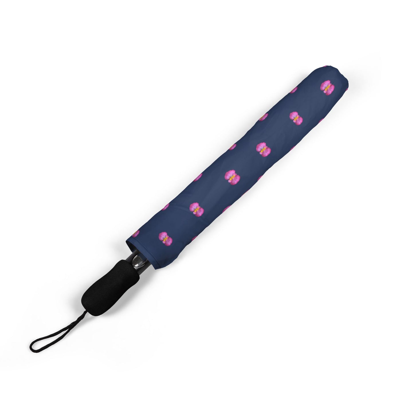 Compact Foldable Umbrella — Navy with Pink Begonia Raindrop Pattern (Semi-Automatic Umbrella)