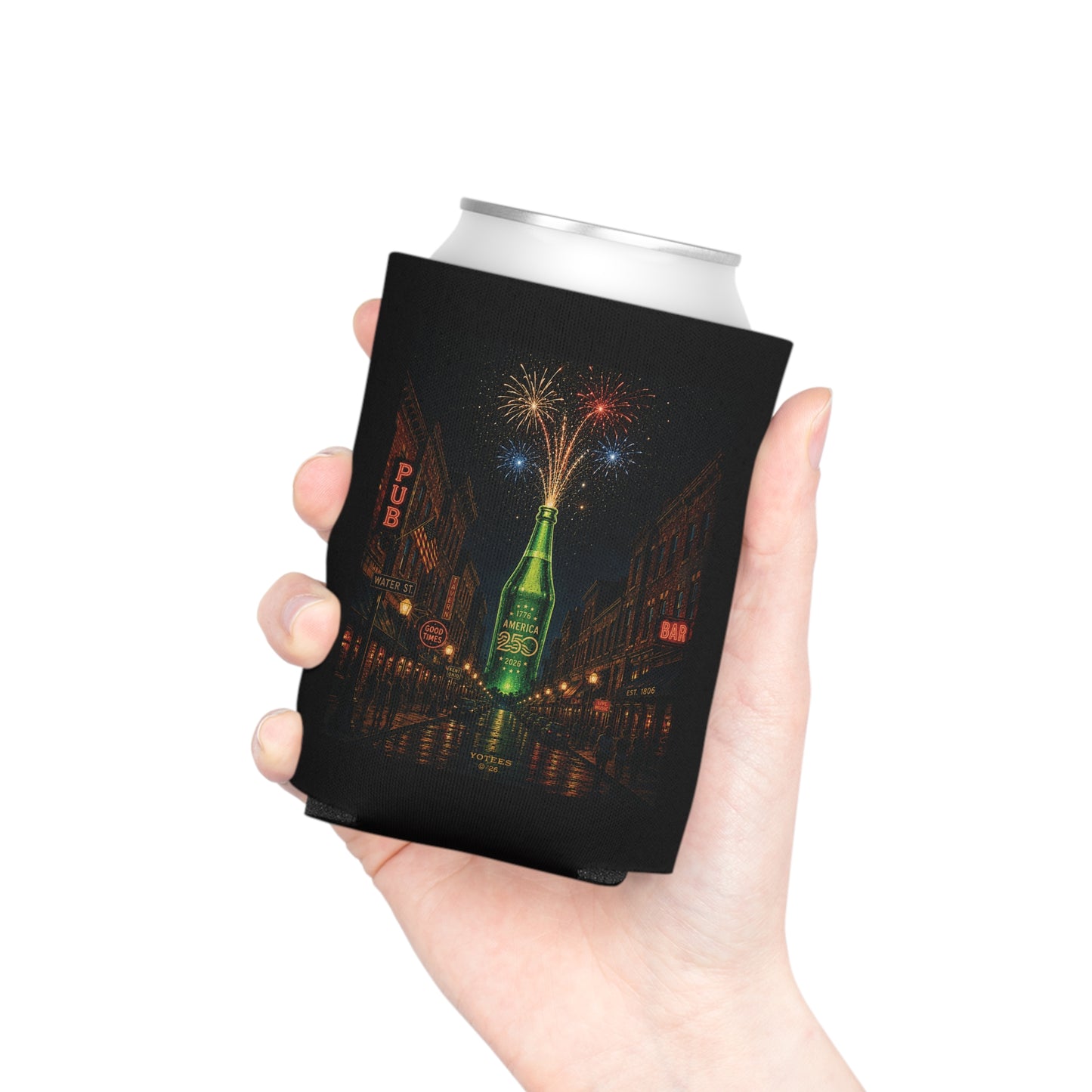 Can Cooler — Neon Bottle Nightscape with Fireworks