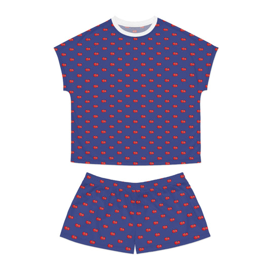Women’s Short Pajama Set — Blue with Red Begonia Floral Pattern