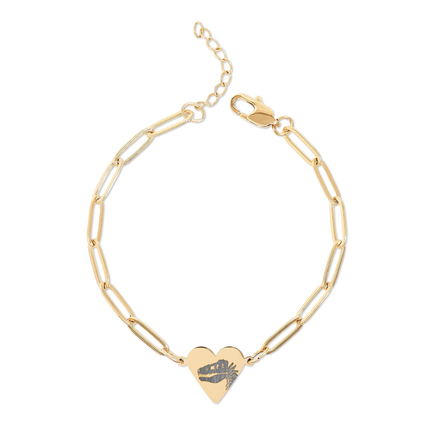 T-Rex Fossil Heart Paperclip Bracelet — Stainless Steel Dinosaur Jewelry