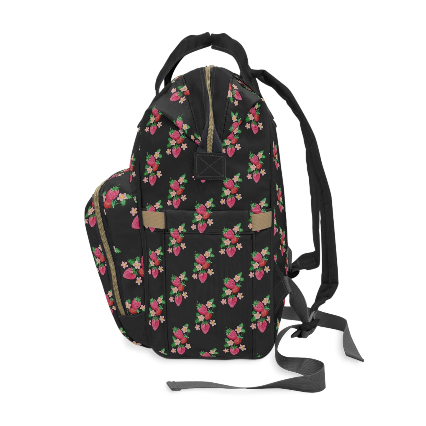 Floral Strawberry Diaper Backpack — Black Multifunctional Baby Bag