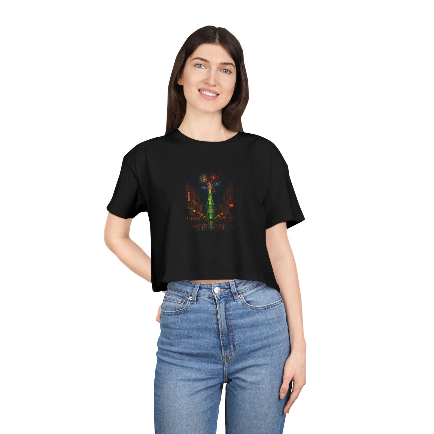 Crop Tee — Neon City Night Skyline Graphic 250th Celebration