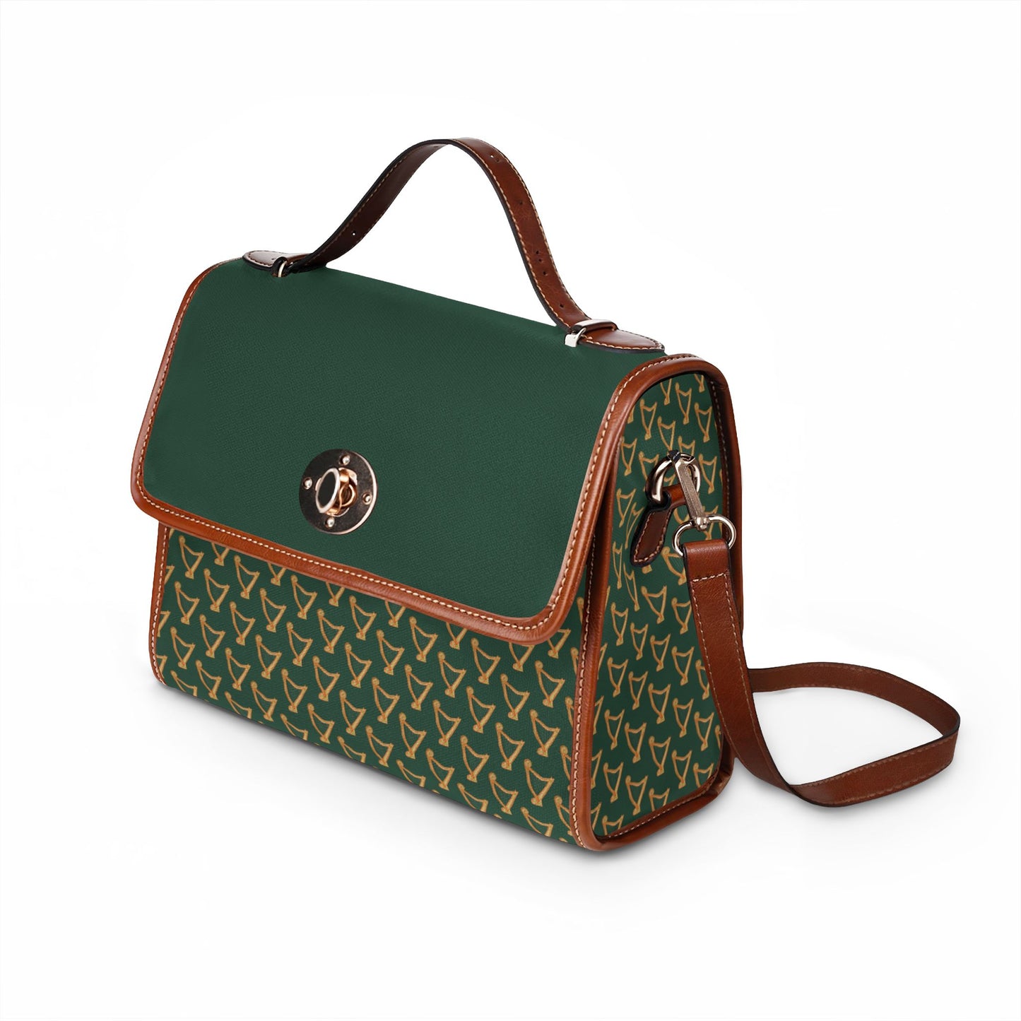 Green Celtic Harp Pattern Leather-Trim Satchel