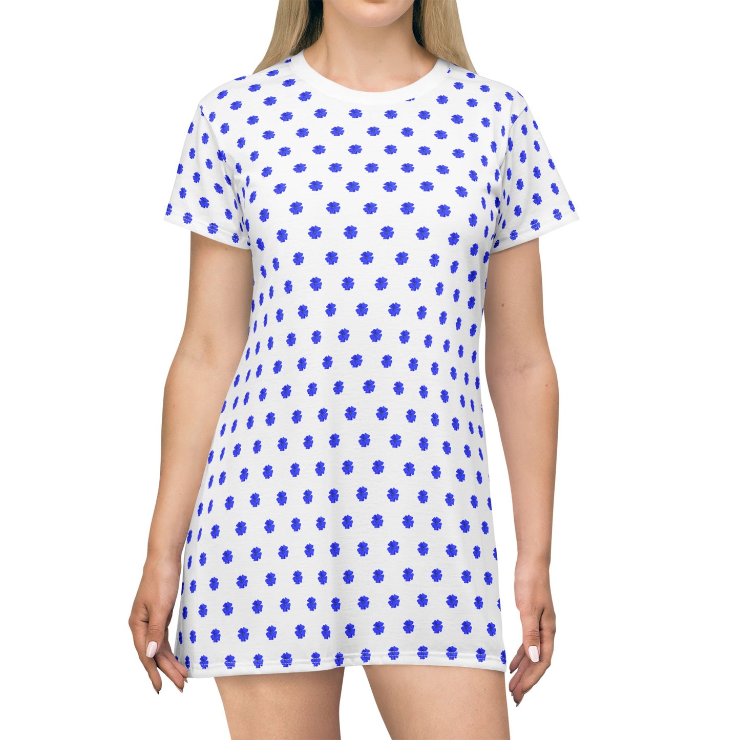 Blue Polka Dot T-Shirt Dress – Casual Summer A-Line Dress with Plumbago Flower Design