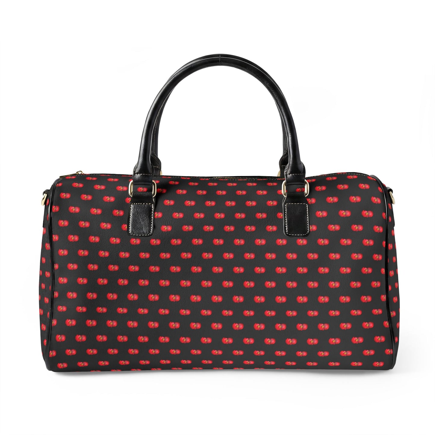 Classic Leather Weekender Bag — Black with Red Mini Begonias Floral Pattern