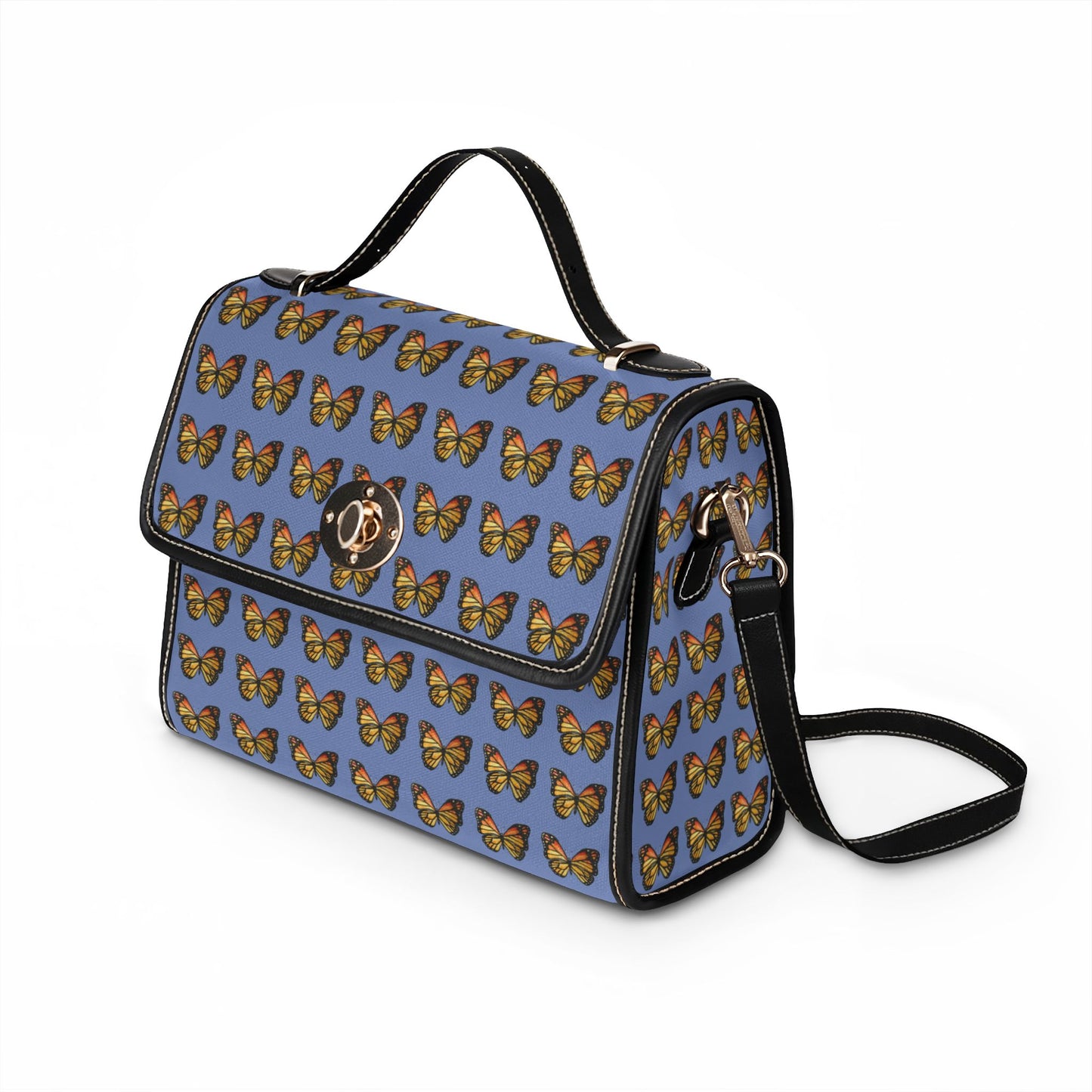 Butterfly Pattern Canvas Tote — Retro Blue Waterproof Bag