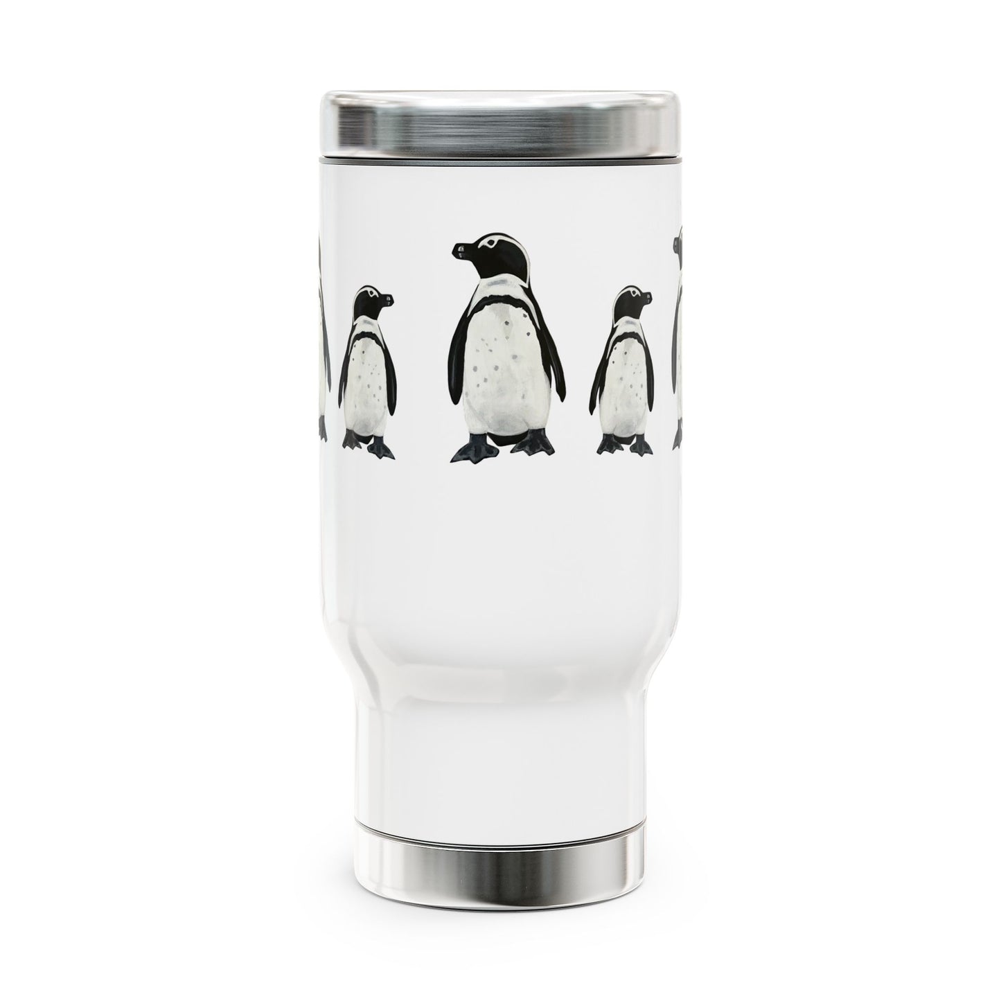 Penguin Line 14oz Stainless Steel Travel Mug with Handle — Cute Polar Animal Coffee Tumbler