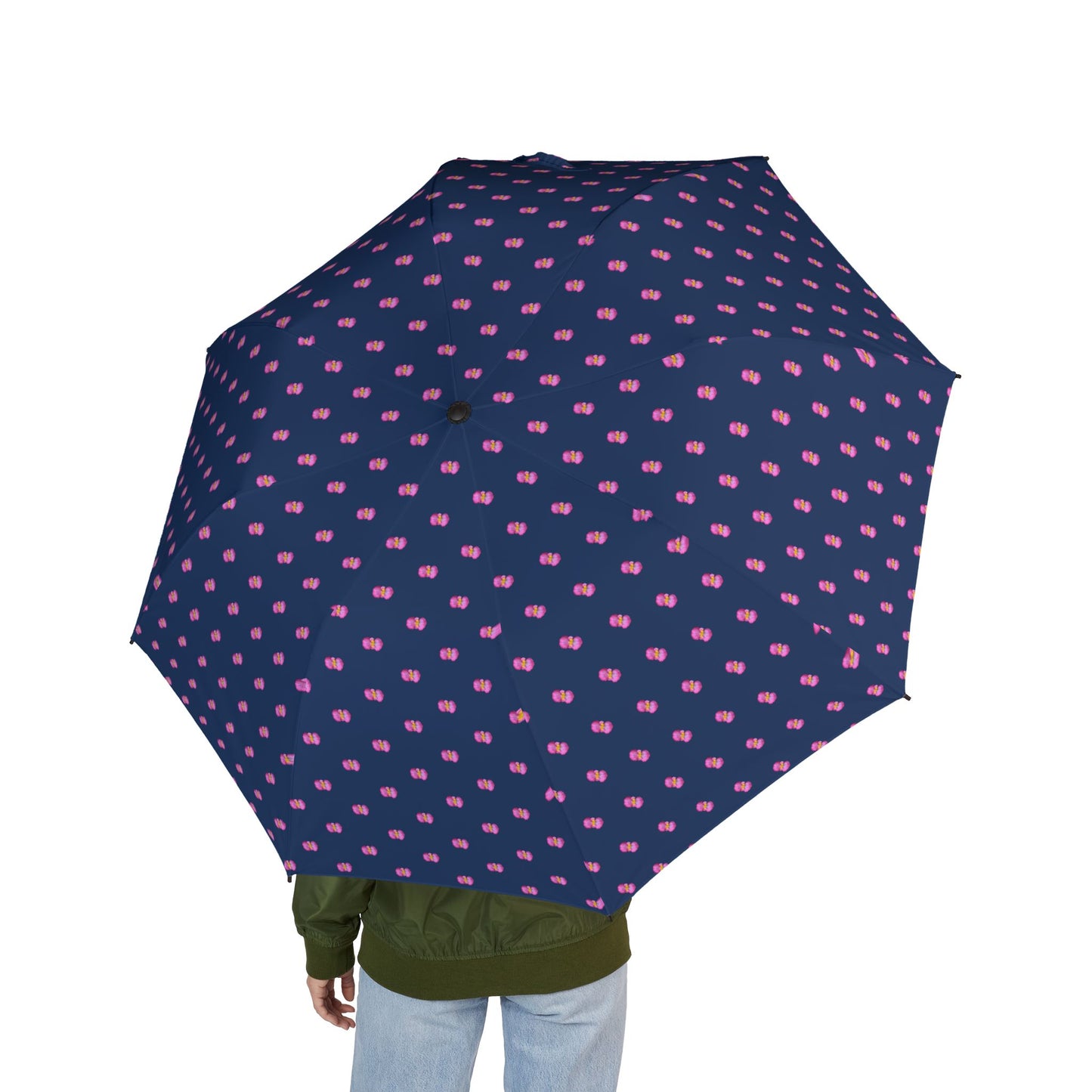 Compact Foldable Umbrella — Navy with Pink Begonia Raindrop Pattern (Semi-Automatic Umbrella)