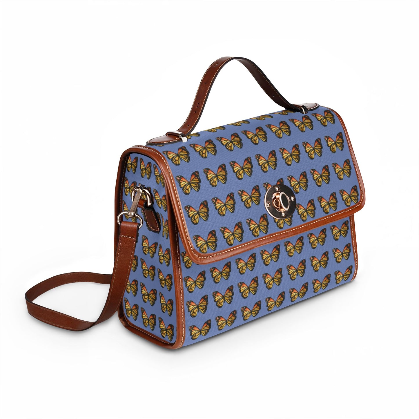 Butterfly Pattern Canvas Tote — Retro Blue Waterproof Bag