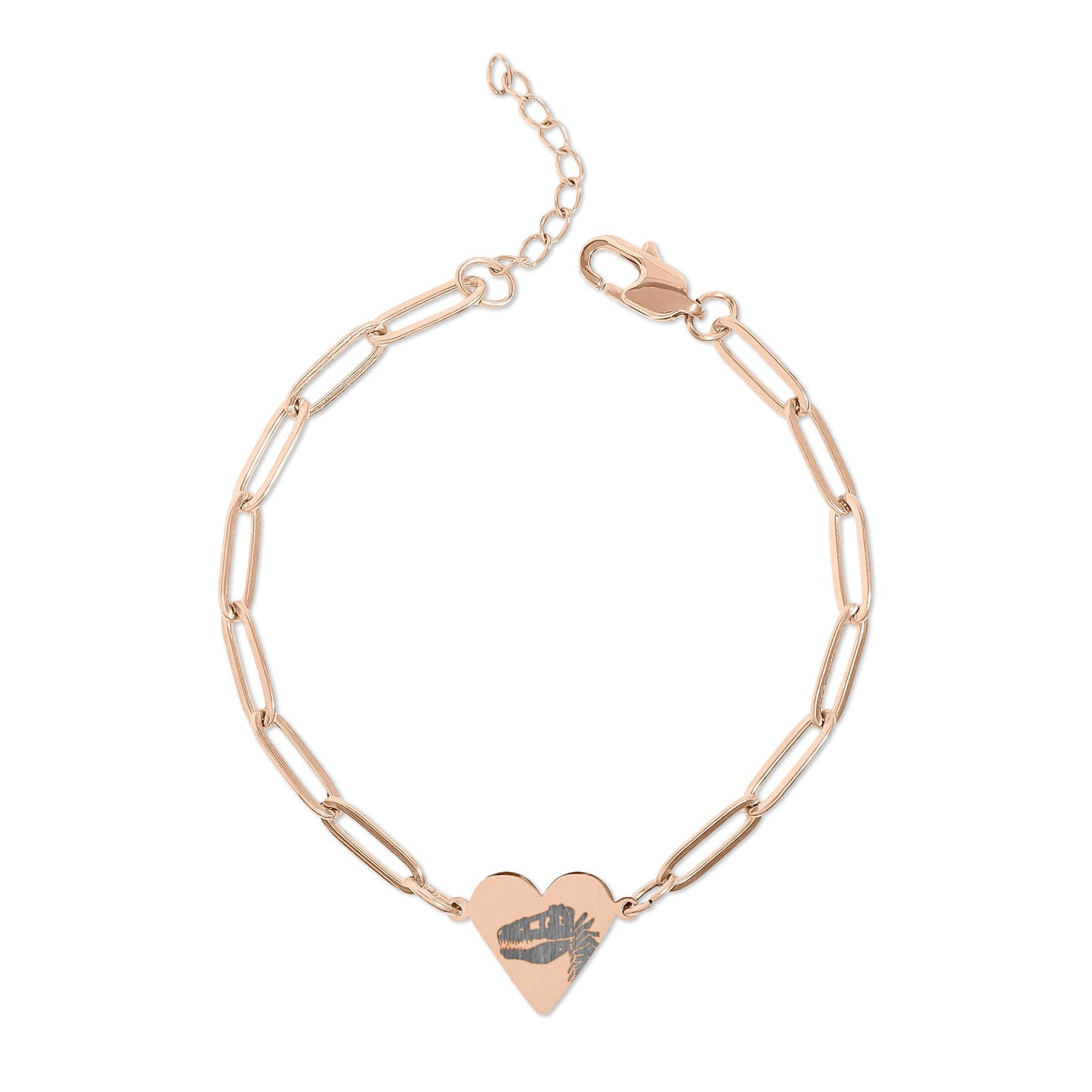 T-Rex Fossil Heart Paperclip Bracelet — Stainless Steel Dinosaur Jewelry