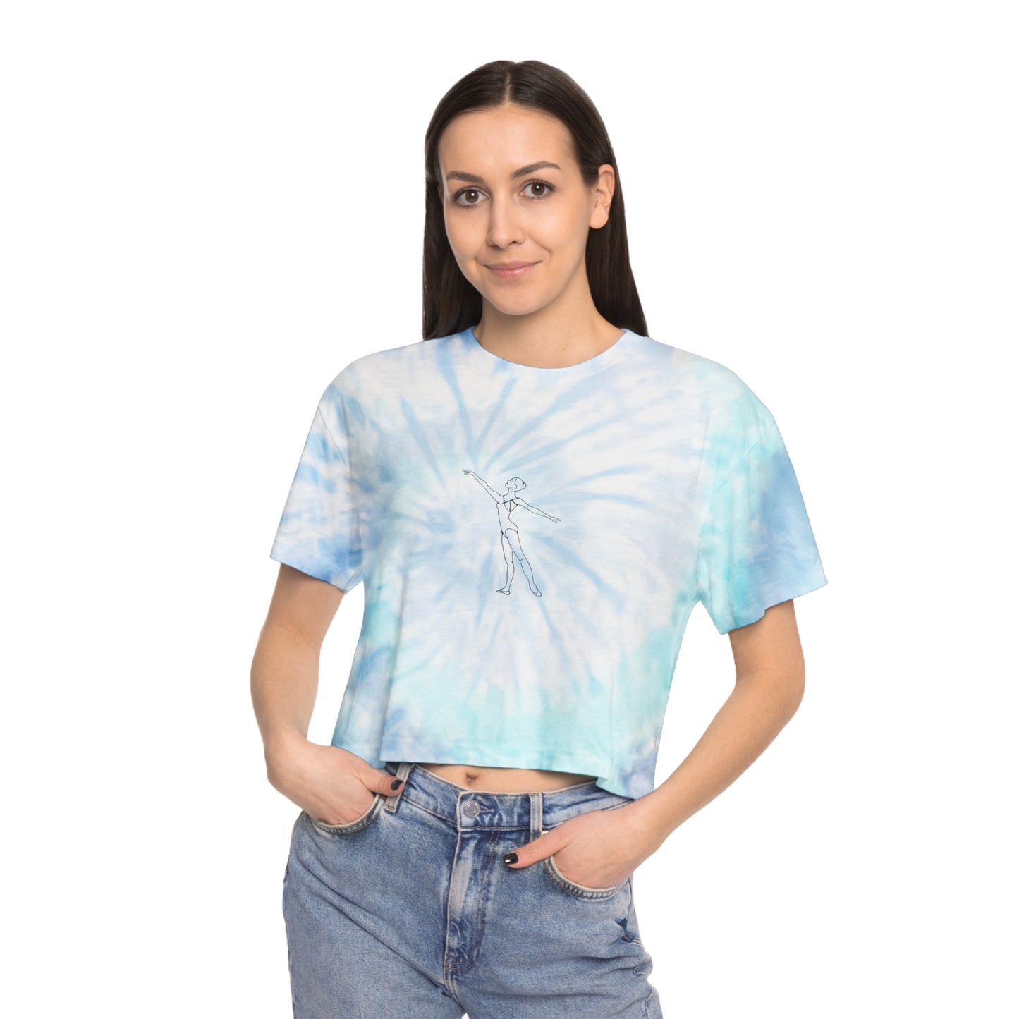 Tie-Dye Crop Tee — Pastel Blue Spiral with Minimal Line Art