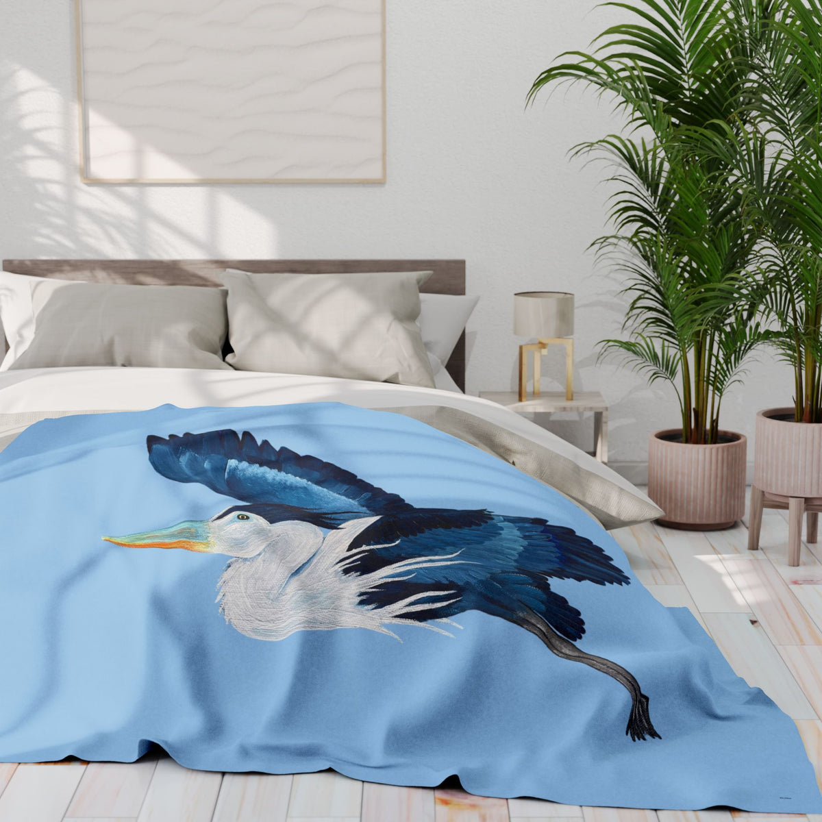 Blue Heron Fleece Blanket — Coastal Bird Throw for Home & Gifting