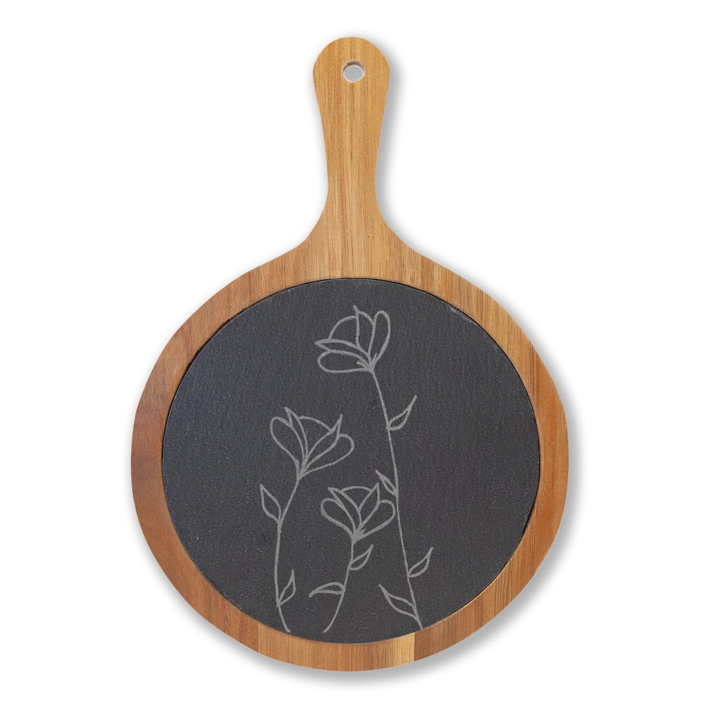 Engraved Acacia Cheese & Charcuterie Board with Slate Inlay — Floral Design