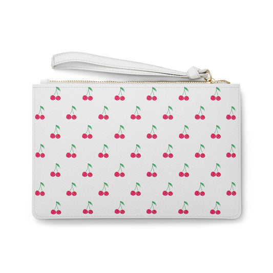 Pink Cherry Pattern White Clutch Bag — Kawaii Cherry Wristlet Purse