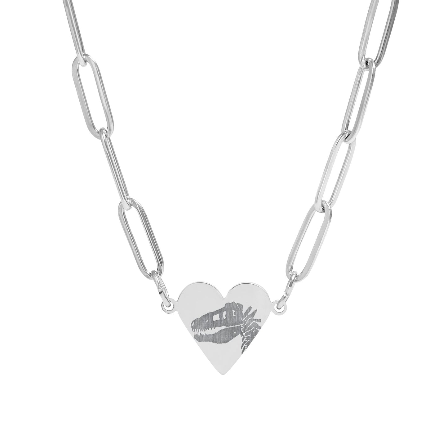 Engraved T. Rex Fossil Paperclip Heart Necklace — Dinosaur Necklace (Gold, Rose, Stainless Steel)