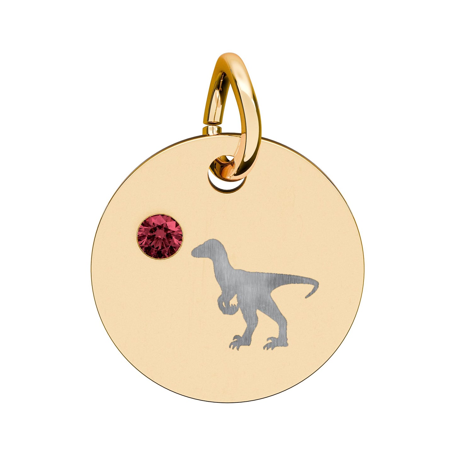 Birthstone Circle Charm — Engraved Dinosaur Silhouette Pendant