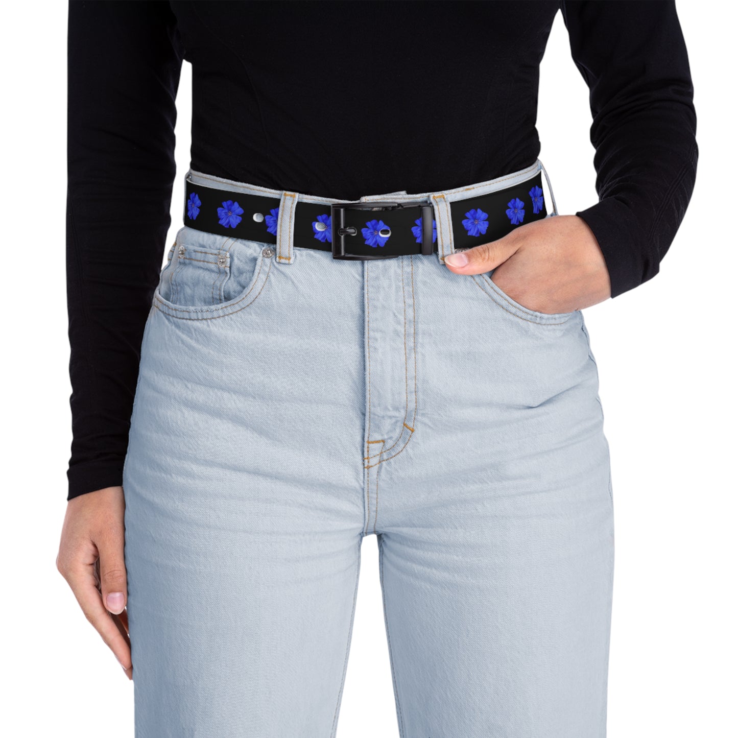 Blue Floral Belt — Black Leather Belt with Royal Blue Flower Pattern