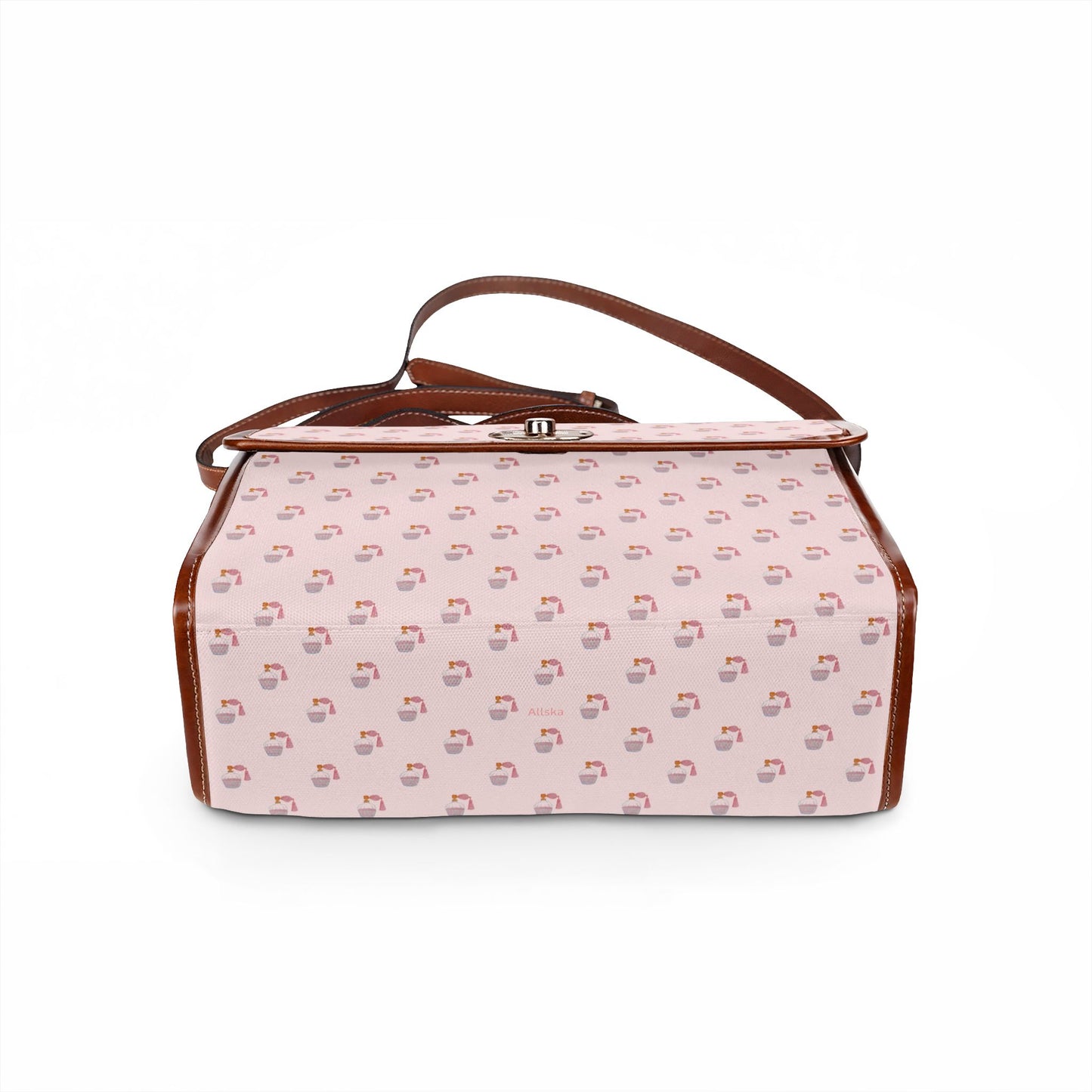 Pink Perfume Canvas Handbag — Waterproof Crossbody Satchel with Vegan Leather Trim