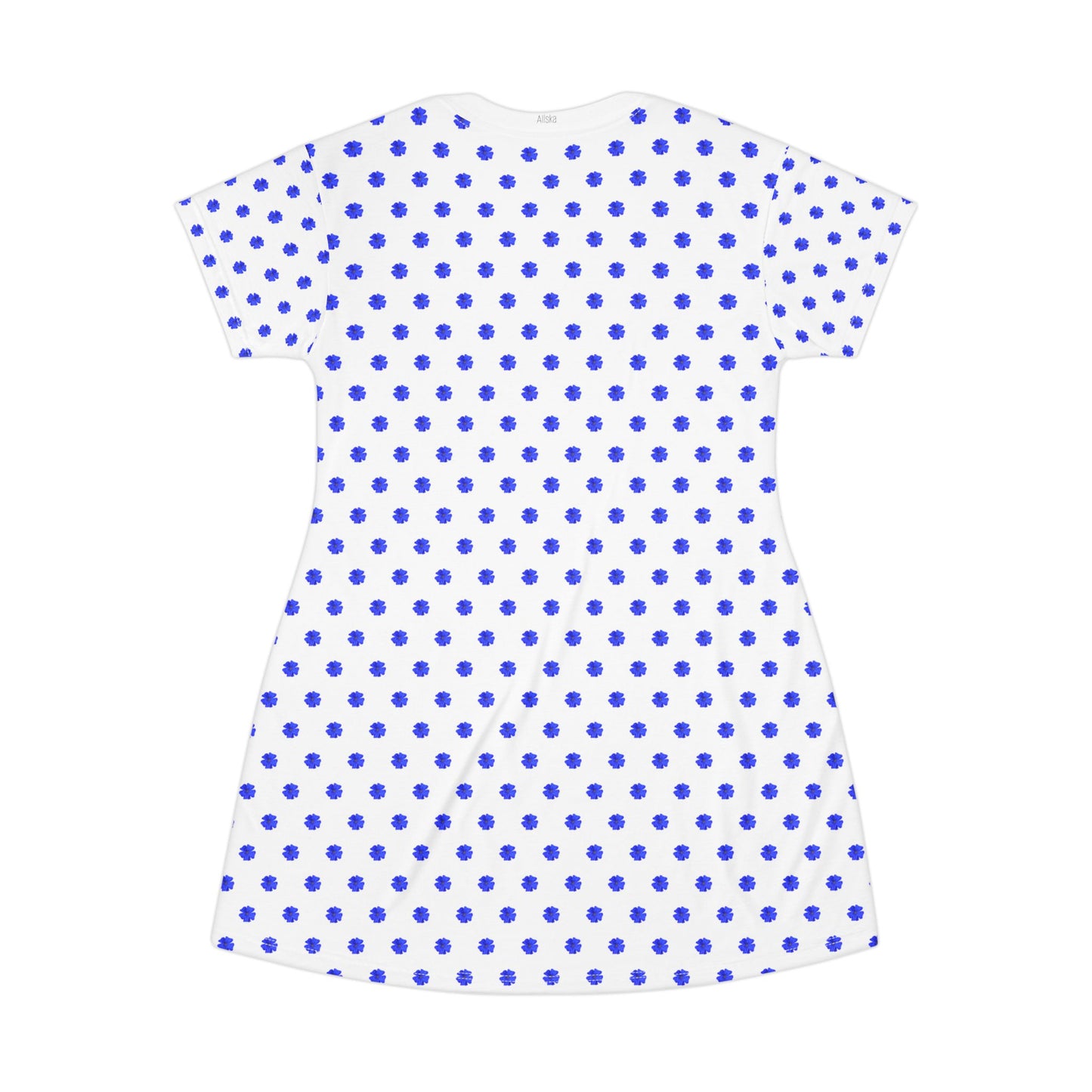 Blue Polka Dot T-Shirt Dress – Casual Summer A-Line Dress with Plumbago Flower Design