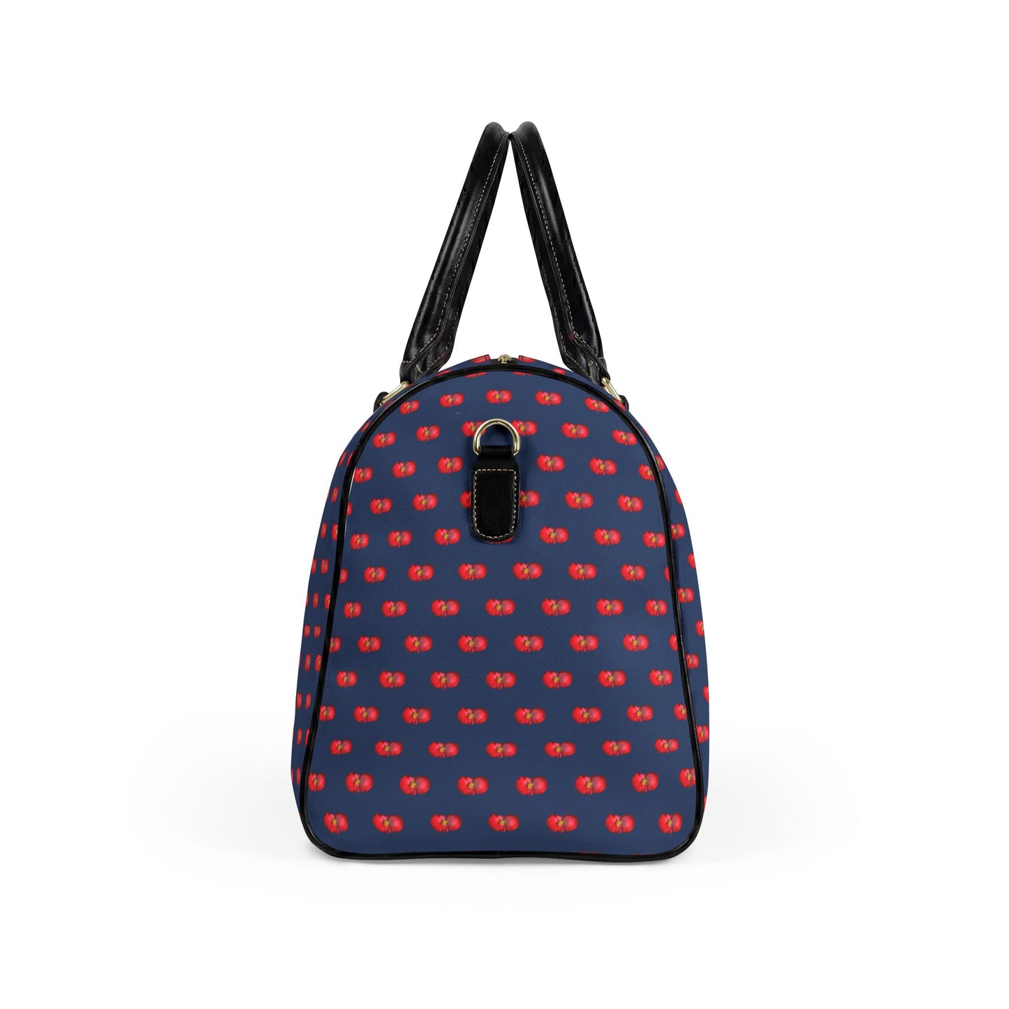 Classic Leather Weekender Bag — Navy Blue with Red Mini Begonias