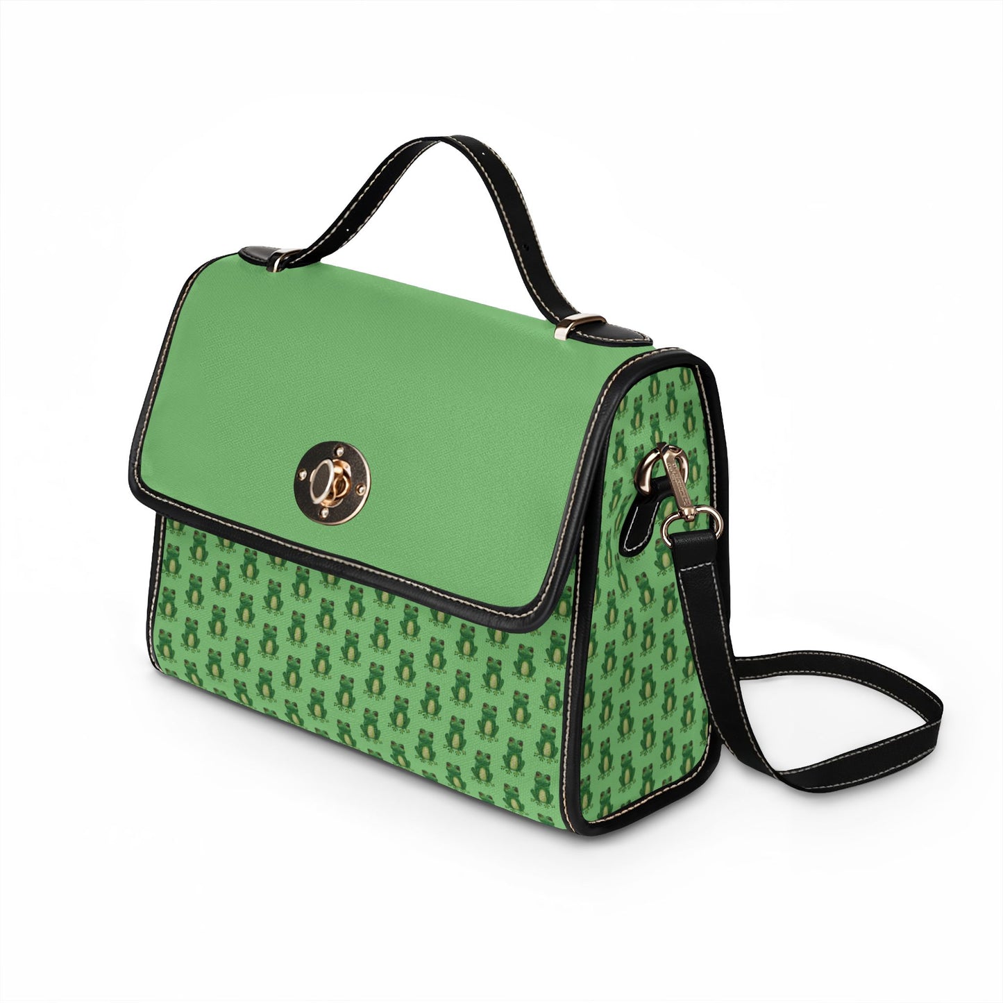 Green Waterproof Frog Print Canvas Satchel