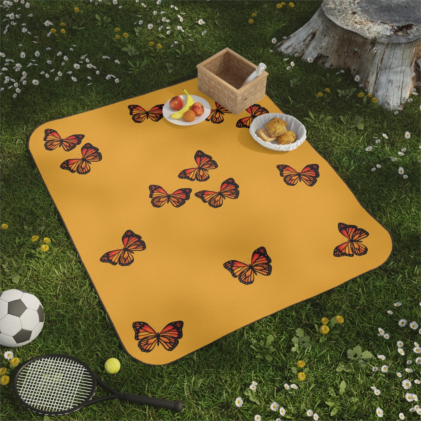 Butterfly Picnic Blanket — Mustard Monarch Pattern Outdoor Blanket