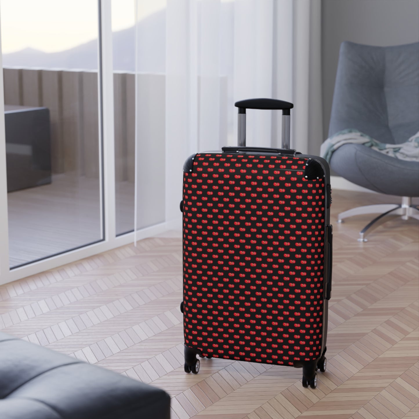 Red Begonia Floral Pattern Carry-On Suitcase — Black & Red Travel Luggage