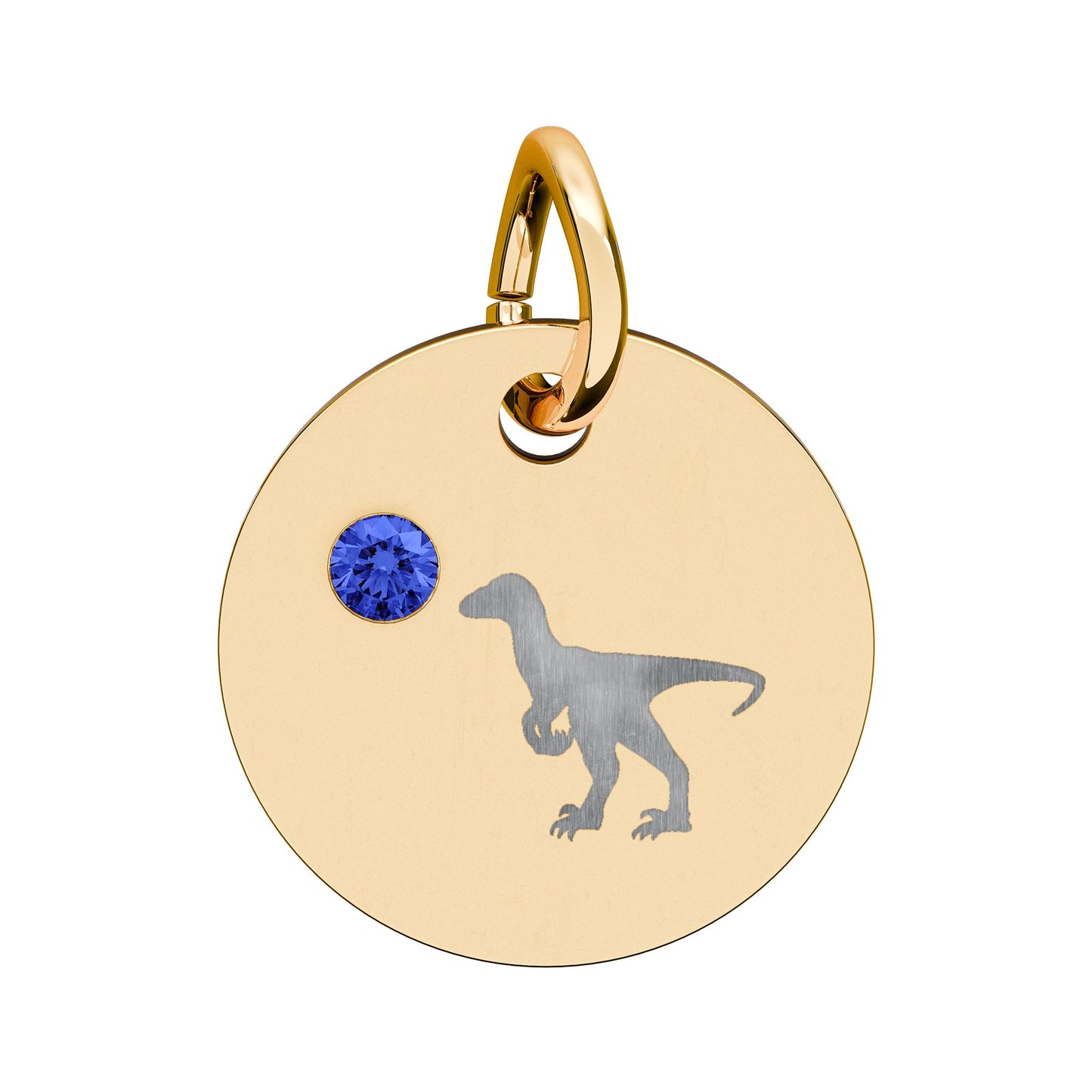 Birthstone Circle Charm — Engraved Dinosaur Silhouette Pendant