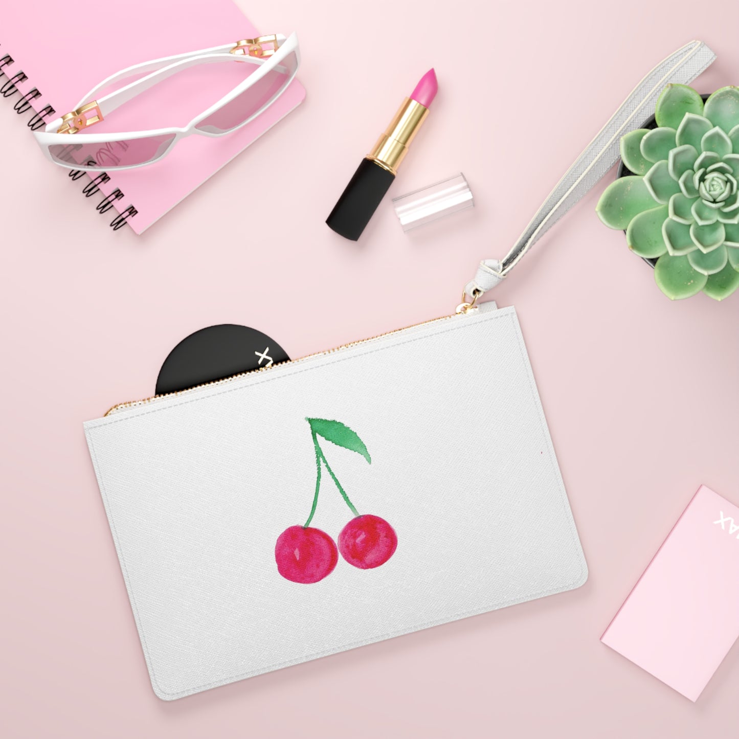 Watercolor Cherry Sketch Clutch Bag — Retro Fruit Wristlet Purse