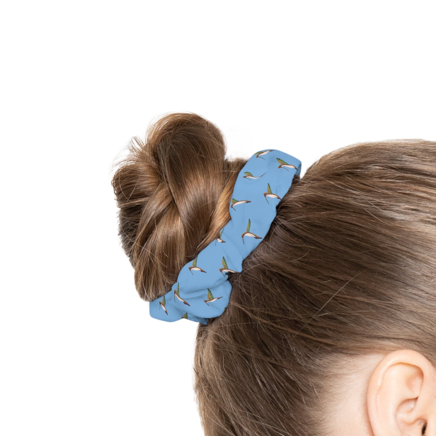 Blue Hummingbird Scrunchie — Floral Bird-Print Hair Tie