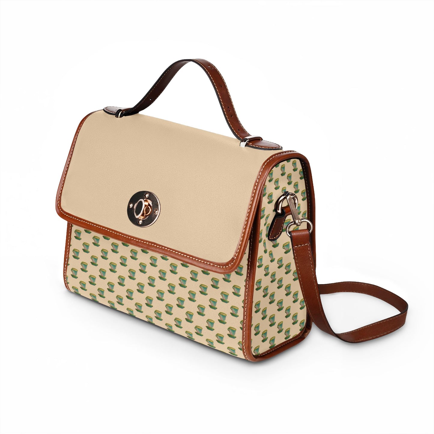 Green Teacup Pattern Beige Canvas Crossbody Satchel