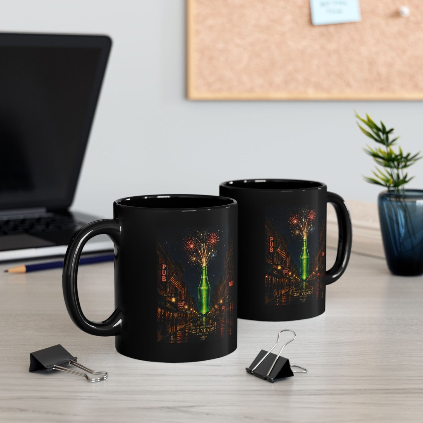 USA 250th Black Mug – Vintage Night Street with Sparkler Bottle Fireworks 11oz