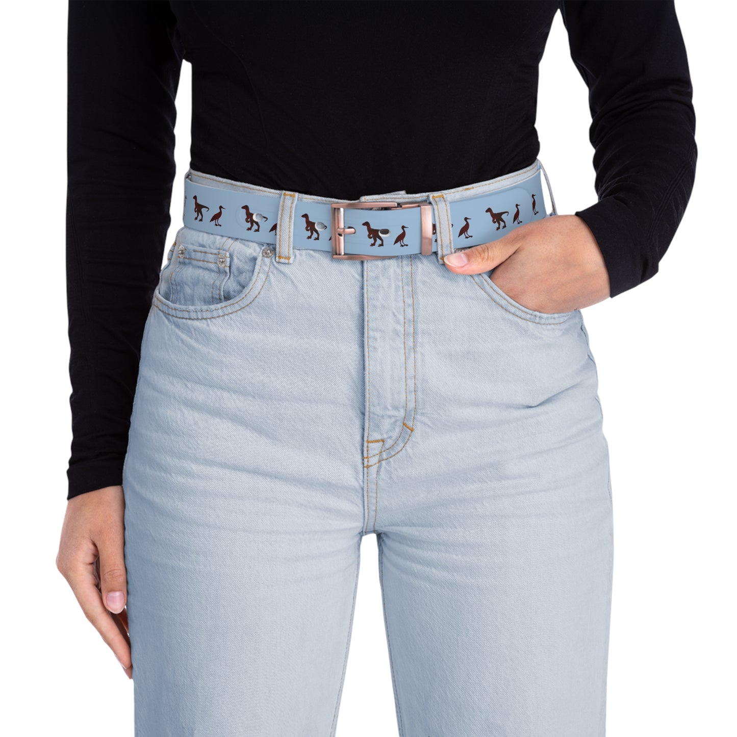 Dinosaur Print Belt — Retro Black Dino and Bird Pattern on Casual Belt