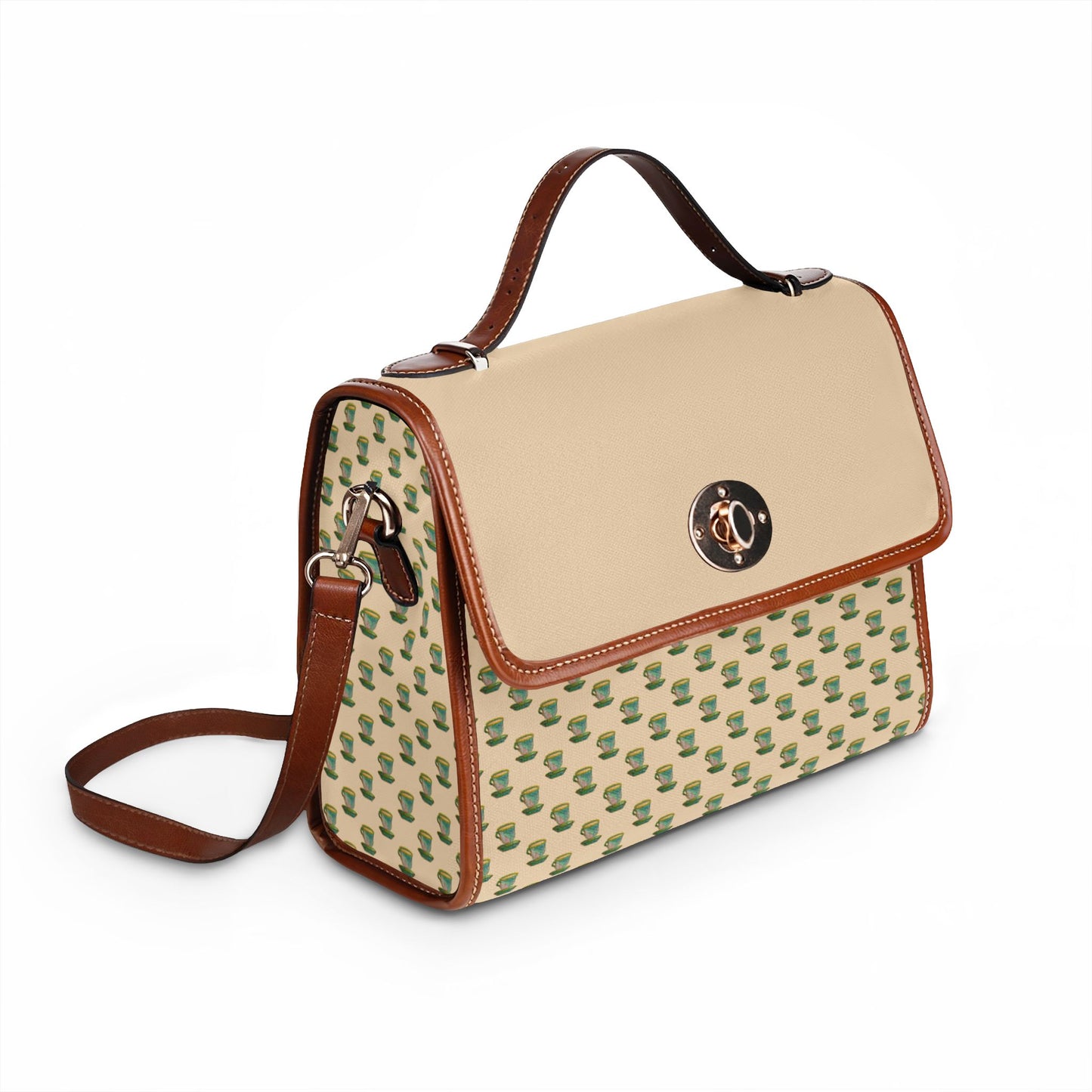 Green Teacup Pattern Beige Canvas Crossbody Satchel