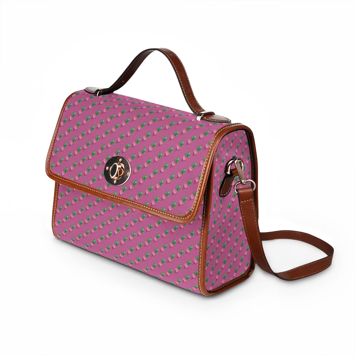 Pink Floral Radish Print Waterproof Canvas Crossbody Satchel