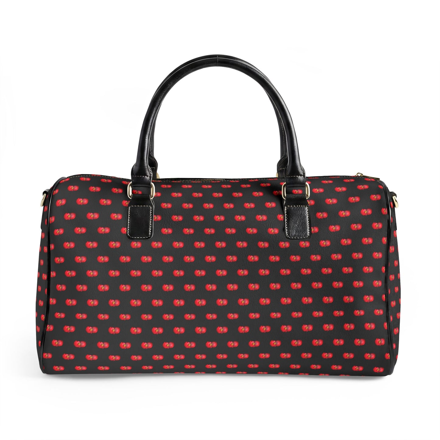 Classic Leather Weekender Bag — Black with Red Mini Begonias Floral Pattern
