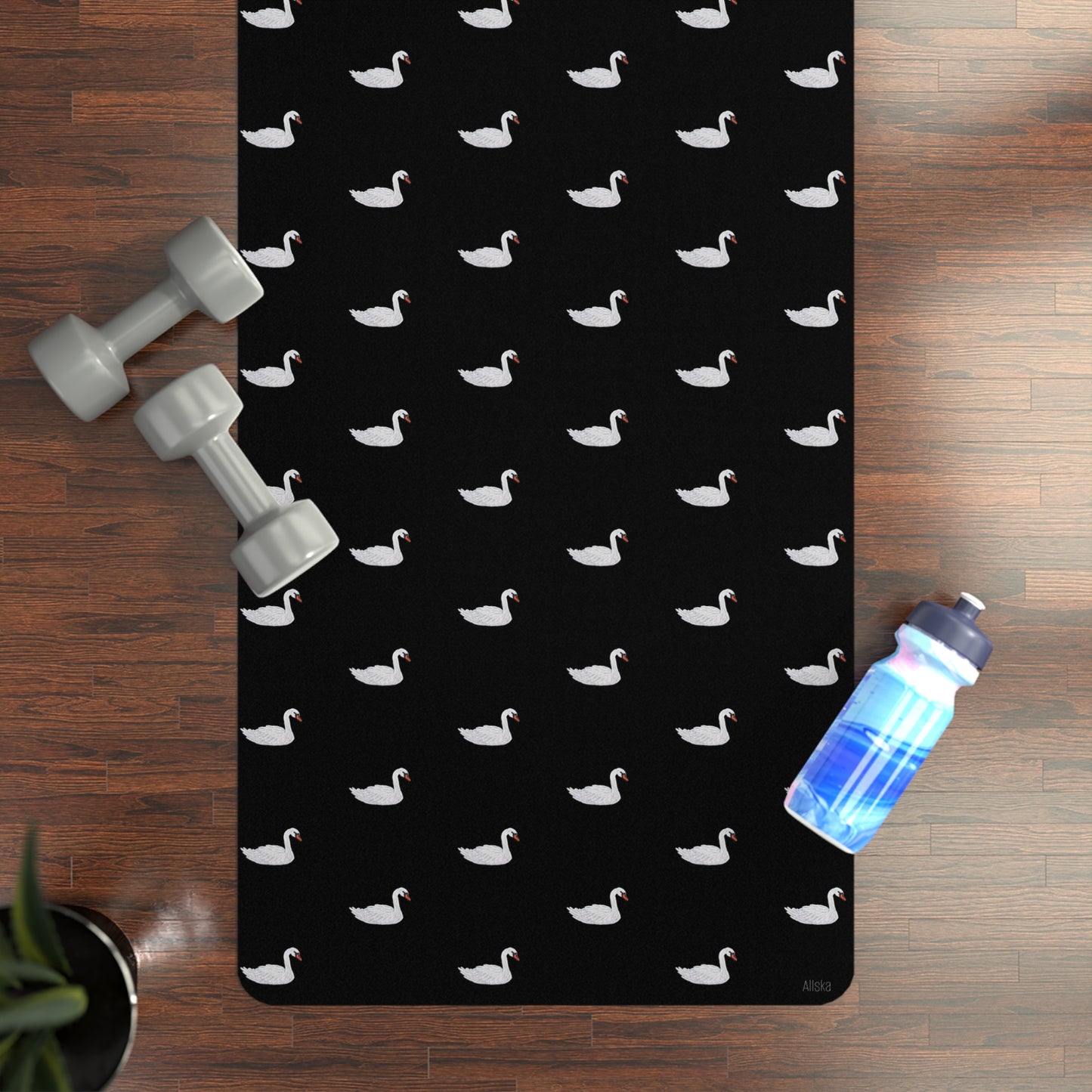 Black Rubber Yoga Mat with White Swan Pattern — Non-Slip Exercise Mat for Pilates & Travel