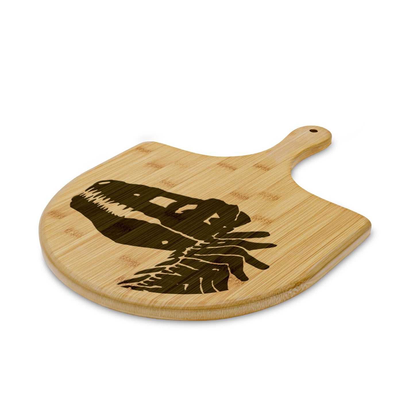 Engraved Bamboo Pizza Peel – Dinosaur Skull Design