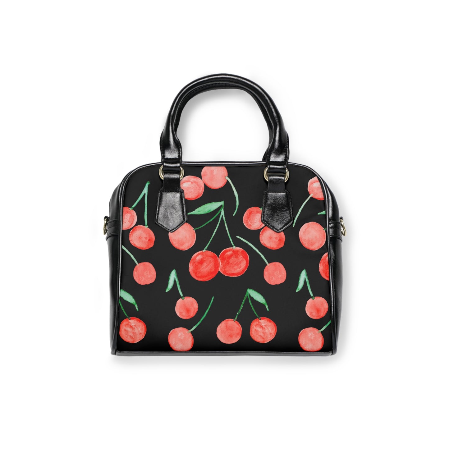 Cherry Pattern Shoulder Black Handbag | Red Cherry Print Bag