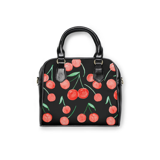 Cherry Pattern Shoulder Black Handbag | Red Cherry Print Bag
