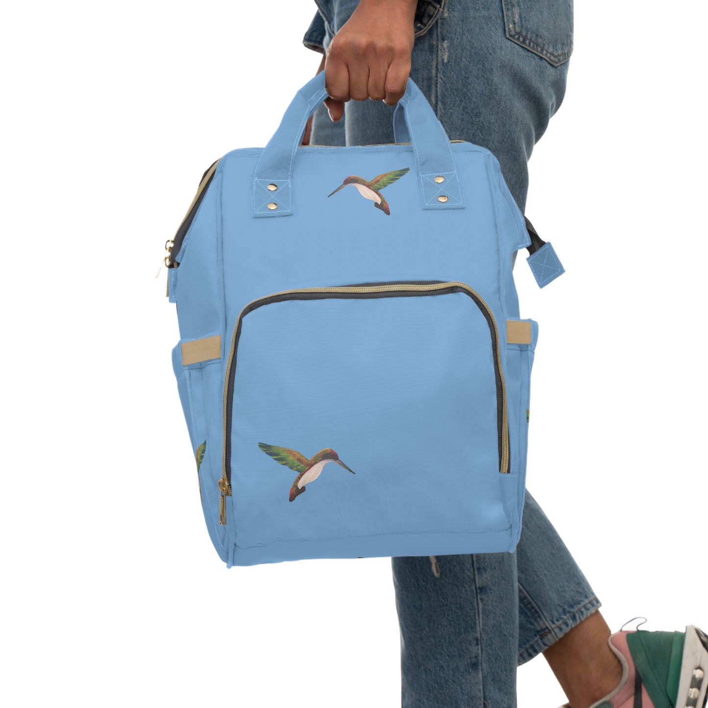 Light Blue Hummingbird Print Diaper Backpack – Multifunctional Baby Bag with Changing Pad